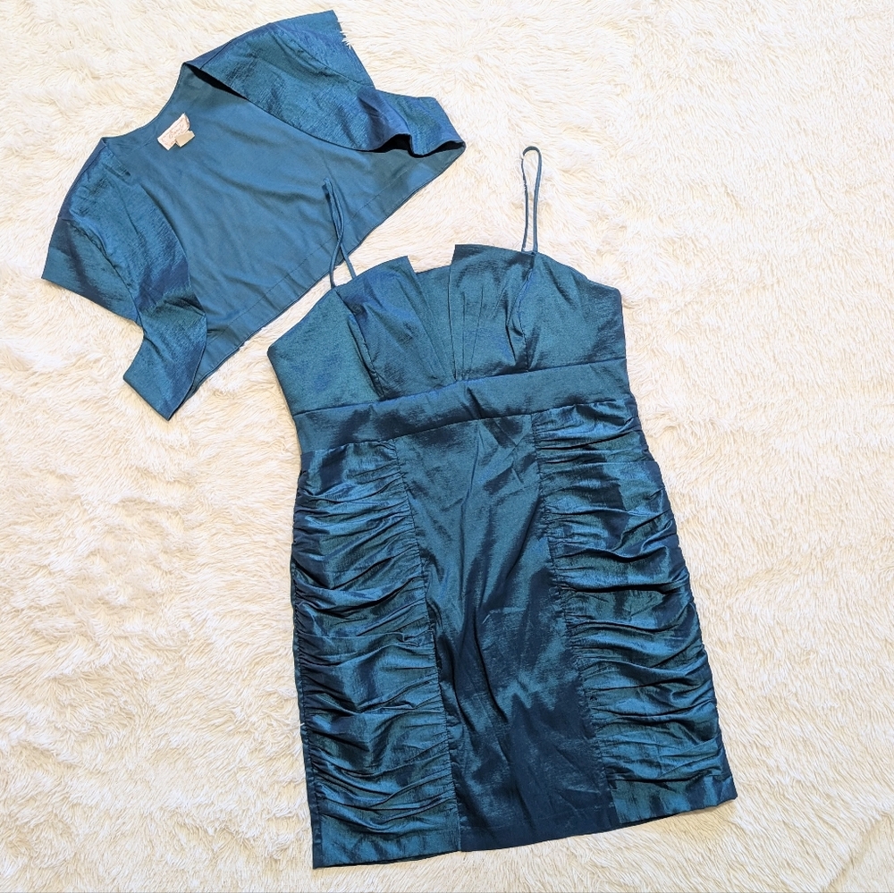 Y2K Vintage Cindy USA Iridescent Aqua Taffeta 2 Piece Cocktail Dress Size 3XL